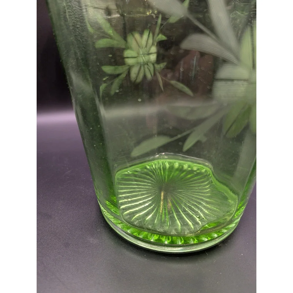 Green Depression Glass Etched Green Ice Bucket with Bras Handle